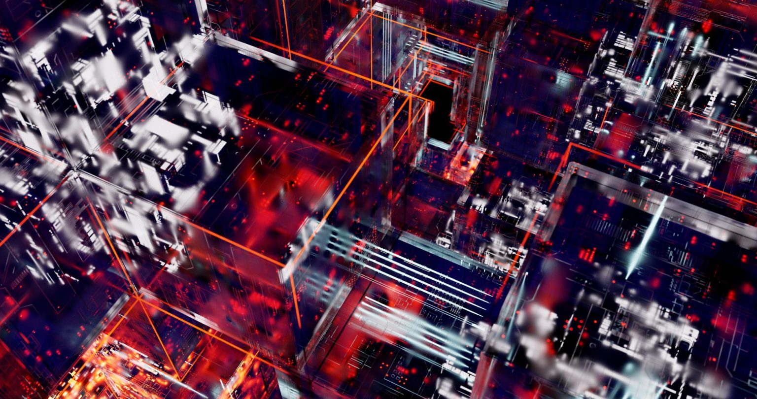 Representação abstrata de circuitos digitais interconectados por linhas luminosas em um ambiente tecnológico.