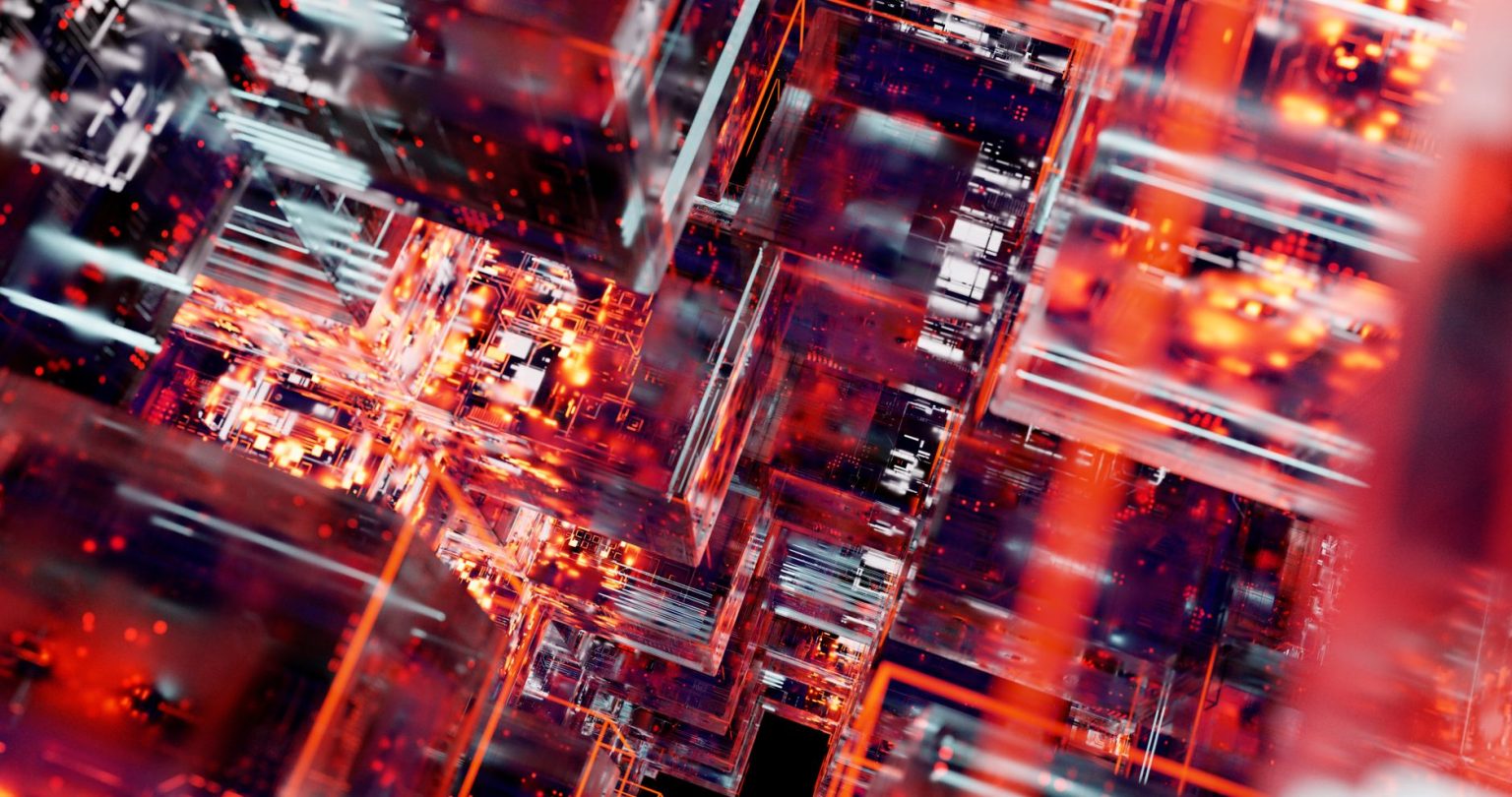 Visualização abstrata de uma placa de circuito digital com estruturas e linhas iluminadas.